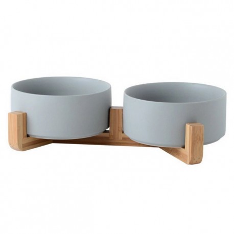 Ciotola Ceramica doppia con supporto in legno Grigia