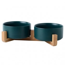 Ciotola Ceramica doppia con supporto in legno Verde